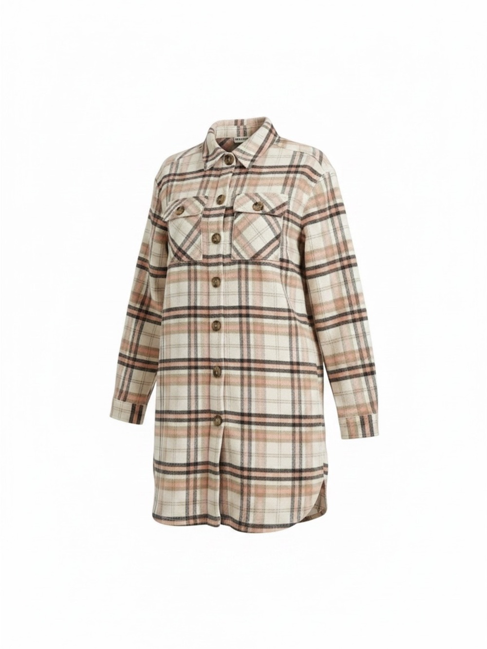 SABRINA LAUREN NY Plaid Longline Utility Jacket in Light Pink/Cream & Tan